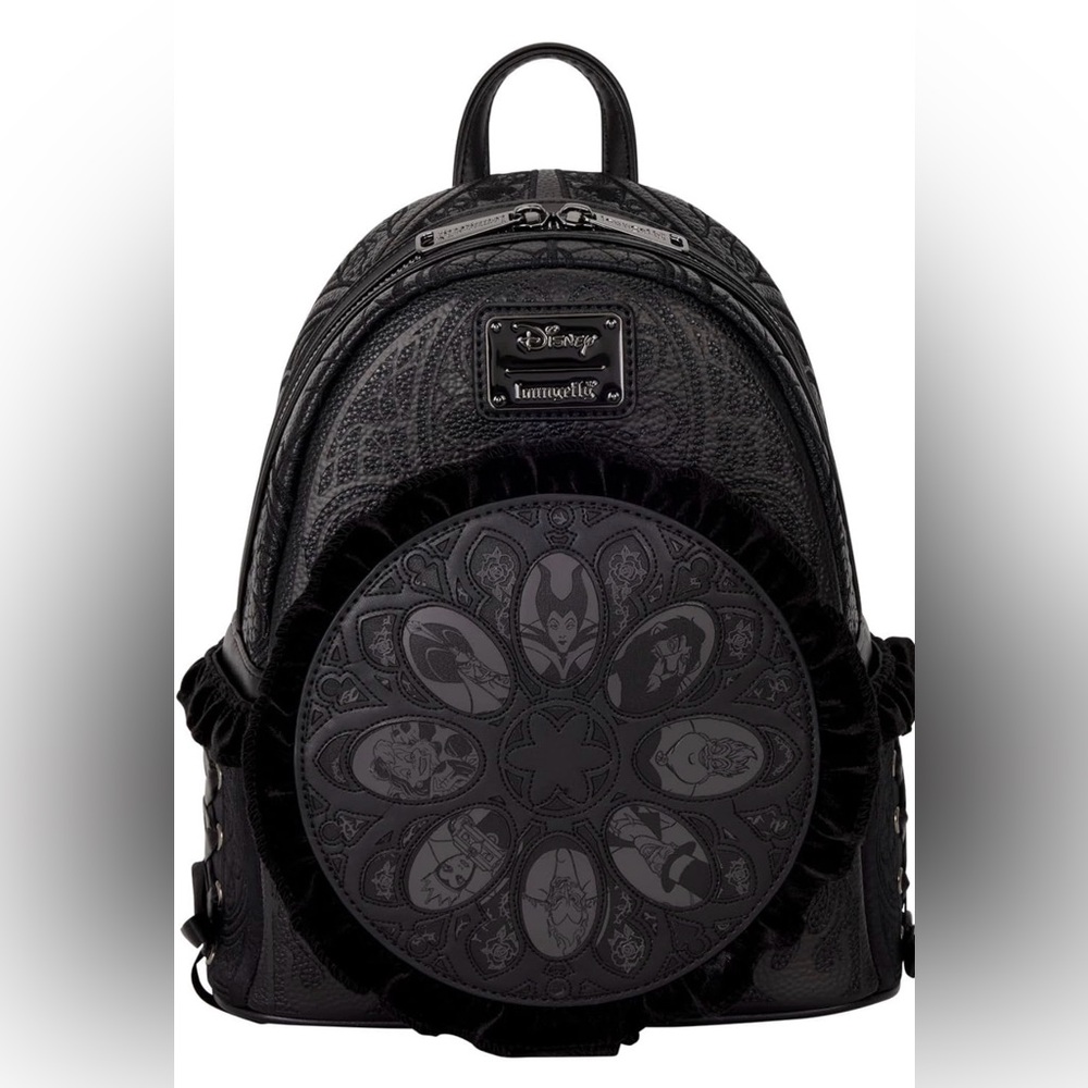 Loungefly Disney villains Ruffle Ribbon Window Mini Backpack NWT - Picture 11 of 13